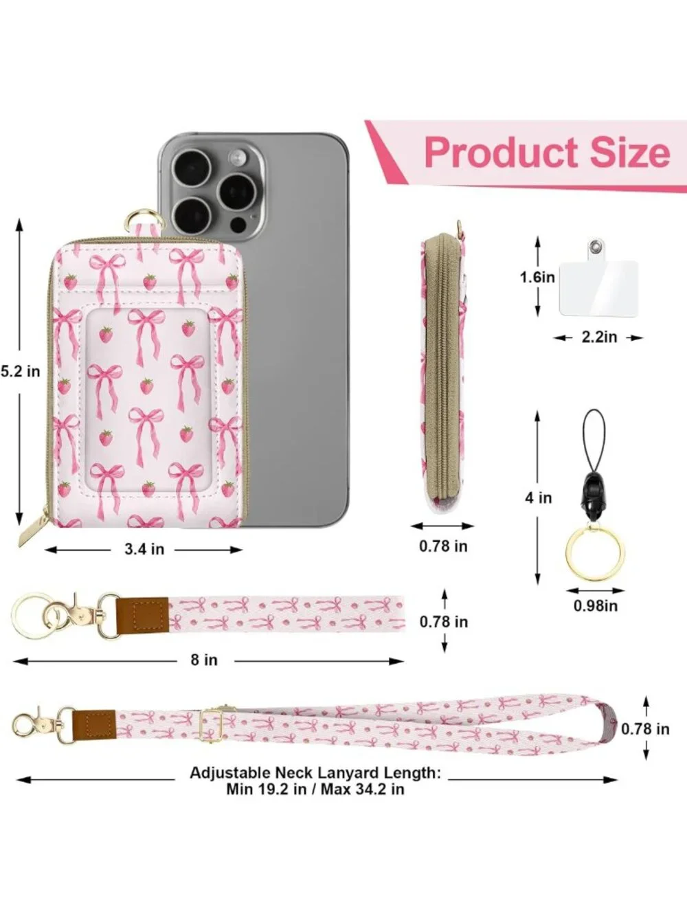 Adorable Pink Bow Strawberry Lanyard Wallet | RFID ID Holder & Card Case for